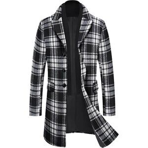 Mens black Plaid Trench Overcoat Wool Blend Coat with Detachable Single Breasted